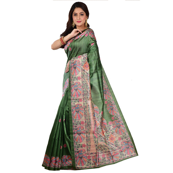 Aishani Collection Madhubani Print Tussar Gicha Silk Saree with Blouse piece (Green & Multicolor)