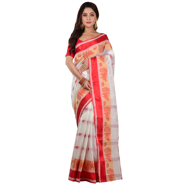 Aishani Collection Woven Pure Cotton Velvet Border Tant Saree without Blouse Piece (Red & White)