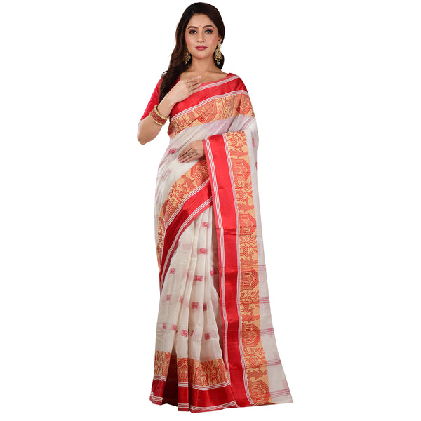 Aishani Collection Woven Pure Cotton Velvet Border Tant Saree without Blouse Piece (Red & White)