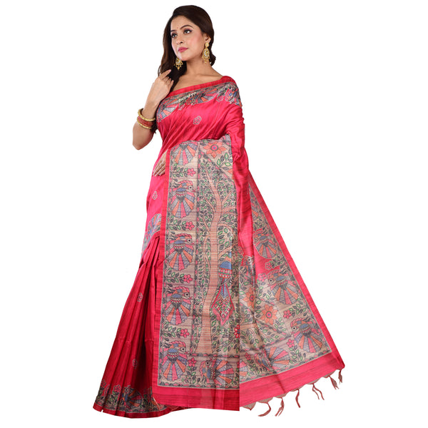 Aishani Collection Madhubani Print Tussar Gicha Silk Saree with Blouse Piece (DarkPink & Multicolor)