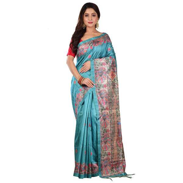 Aishani Collection Madhubani Print Tussar Gicha Silk SareewithBlouse Piece (SkyBlue & Multicolor)
