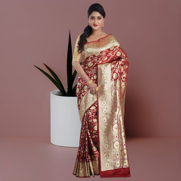 Woven Pure Katan Silk Minakari Banarasi Wedding Saree with Blouse Piece (Maroon & Multicolor)