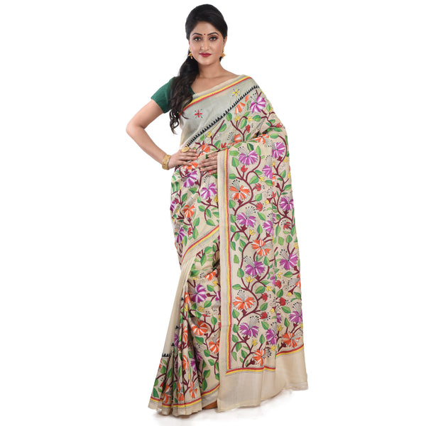 Hand Embroidery Pure Bangalore Silk Kantha Stitch  Saree with Blouse Piece & Silk Mark (OffWhite & Muticolor)