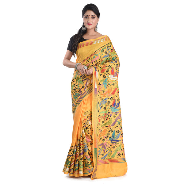 Hand Embroidery Pure Bangalore Silk Kantha Stitch  Saree with Blouse Piece & Silk Mark  (Muticolor) (Copy)