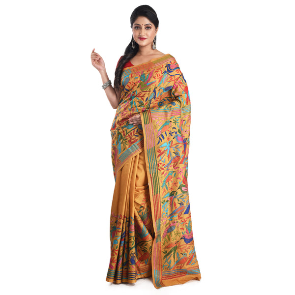 Hand Embroidery Pure Bangalore Silk Kantha Stitch  Saree with Blouse Piece & Silk Mark (Mustered Yellow  & Muticolor)