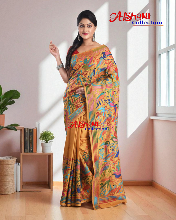 Pure Tussar Silk Hand Embroidery Kantha Stitch Saree with Blouse Piece & SilkMark (Mustered Yellow)