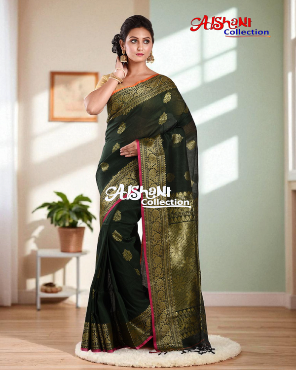 Woven Zari Work Handloom Banarasi Saree with Blouse Piece (Green & Multicolor)