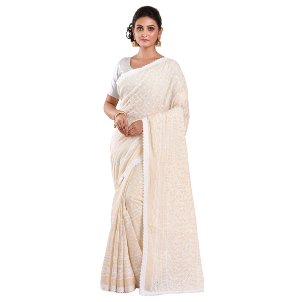 Embroidered Chikankari Sequine Work Lace Border Hakoba Cotton Designer Saree with Blouse Piece (White, Multicolor)