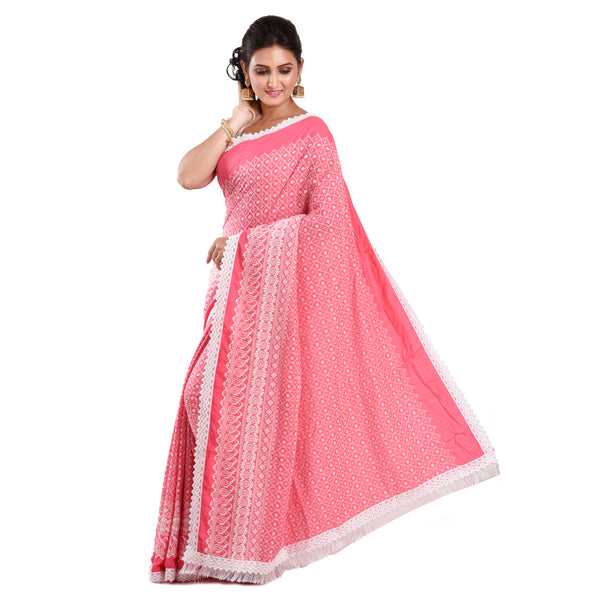 Sequine Chikankari Work Lace Border Hakoba Cotton Designer Sareewith Blouse Piece (Peach & Multicolor)