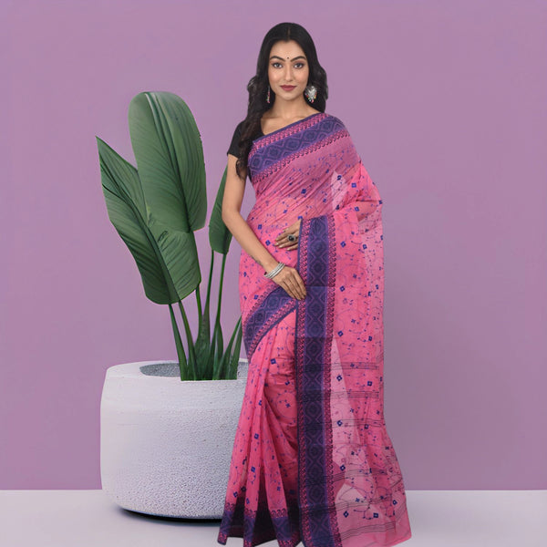 Pure Cotton Tant Tangaile Handloom Saree without Blouse Piece (Pink & Blue)