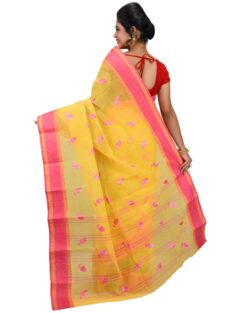 Embroidered Pure Cotton Tant Handloom Saree (Yellow,Pink)