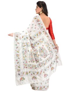 Hand Embroidered Kantha Stitch Silk Saree with Bp (White)