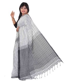 Embroidered Khadar Cotton Handloom Saree with Bp (White,Black)