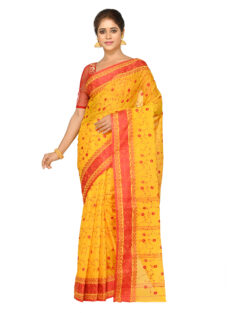 Embroiderd Pure Cotton Tant handloom Saree (Yellow,Red)