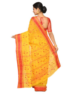 Embroiderd Pure Cotton Tant handloom Saree (Yellow,Red)