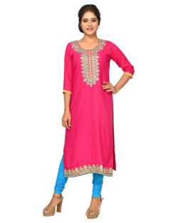 Embroidered Rayon Cotton A-Line Kurta, Leggings (Pink,Blue)