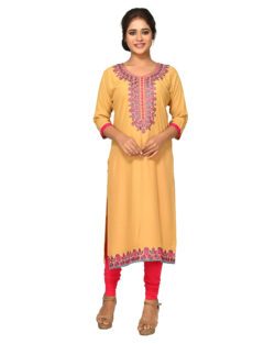 Embroidered Rayon Cotton A-Line Kurta, Leggings (Beige,Pink)