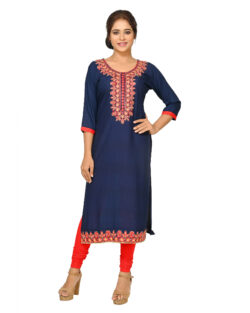 Embroidered Rayon Cotton A-Line Kurta, Leggings (Blue,Red)