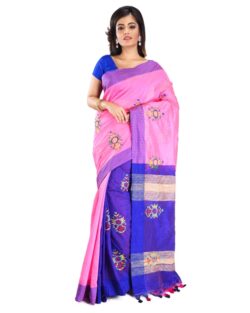 Embroidered Cotton silk Handloom Saree with Bp (Pink,Blue)