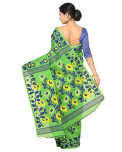Cotton Silk Dhakai Jamdani Handloom Saree for Women (Green,Multicolor)
