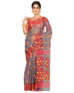 Cotton Silk Dhakai Jamdani Handloom Saree or Women(Ash,Multicolor)