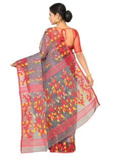Cotton Silk Dhakai Jamdani Handloom Saree or Women(Ash,Multicolor)