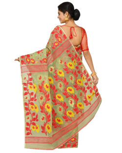 Cotton Silk Dhakai Jamdani Handloom Saree for Women (Green,Multicolor)