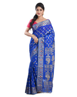 Woven Pure Cotton Resham silk Minakari Dhakai Jamdani Women’s Saree (Blue)