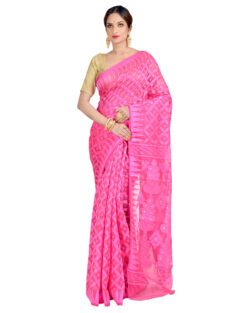 Woven Cotton Silk Soft Minakari Dhakai Jamdani Saree. (Pink