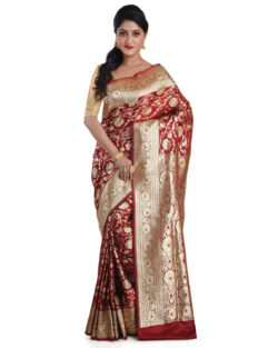 Woven Pure Katan Silk Banarasi Wedding Saree with Bp (Maroon)