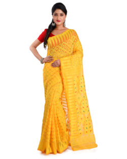 Woven Cotton Silk Soft Minakari Dhakai Jamdani Saree. (Yellow,Multicolor)