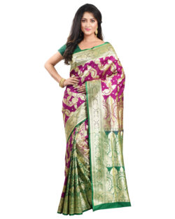 Woven Katan Silk Banarasi Wedding Saree with Bp (Purple,Green)