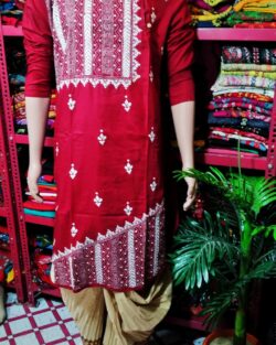 Hand Embroidered Kantha stitch Cotton Punjabi for Men (Red)