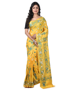 Hand Embroidered Silk Kantha Stitch Handloom Saree with BP ( Yellow)