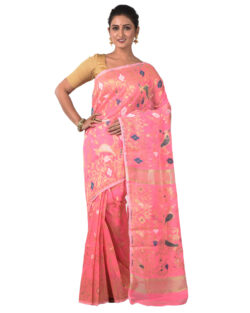 Woven Cotton Silk Dhakai Jamdani Handloom Saree (Pink)
