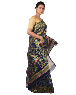 Woven Cotton Silk Dhakai Jamdani Handloom Saree (Blue)