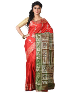 Woven Pure Silk Baluchari Wedding Saree with Bp and Silk Mark(Red, green)
