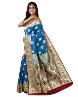 Woven Pure Katan Silk Minakari Banarasi Wedding Saree with Bp (Blue, Maroon)