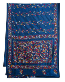 Aishani Collection Hand Embroidered Kantha Stitch Silk Saree for Women with bp (Peacock blue)