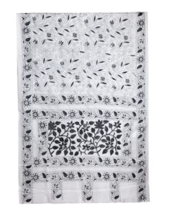 Aishani Collection Hand Embroidered Kantha Stitch Silk Saree for Women (White, Black)