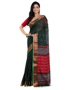 Woven Pure Mercerise Cotton Assam Khaddi Copper Zari Handloom Saree with bp (Green, Red)