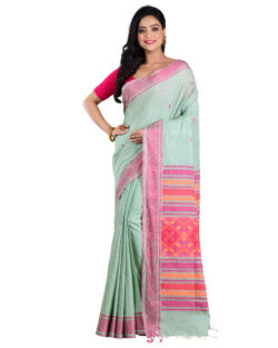 Aishani Collection Woven Mercerise Cotton Baluchari Handloom Saree with bp (Green,Multicolor)