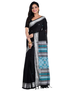 Aishani Collection Woven Mercerise Cotton Baluchari Handloom Saree with bp (Black, Multicolor)