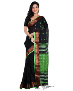 Woven Pure Mercerise Cotton Assam Khaddi Festive Handloom Saree with bp (Black, Green)