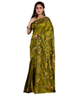 Aishani Collection Hand Embroidered Kantha Stitch Silk Saree for Women (Pesta, Dual Tone)