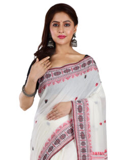 Woven Pure Mercerise Cotton Assam Khaddi Handloom Traditional Saree with bp (Beige, Multicolor)