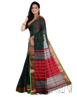 Woven Pure Mercerise Cotton Assam Khaddi Copper Zari Handloom Saree with bp (Green, Red)