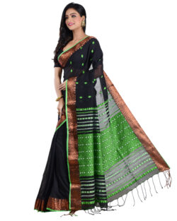 Woven Pure Mercerise Cotton Assam Khaddi Festive Handloom Saree with bp (Black, Green)