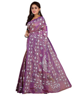 Aishani Collection Hand Embroidered Kantha Stitch Silk Saree for Women (Purple, Dual Tone)