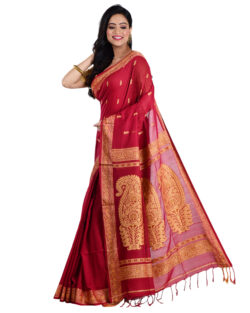 Aishani Collection Woven Mercerise Cotton Organic Baluchari Handloom Saree with bp (Maroon,Beige)